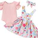 Baby Girl Summer Clothes Outfits Short Sleeve Cute Romper Overall Skirt Dress Headband 3PCS Newborn Outfit (Pink),  0-3 Months