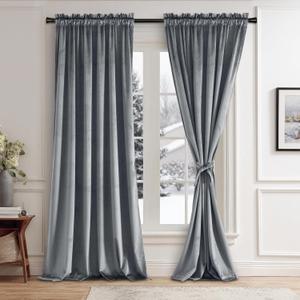 JIUZHEN Grey Velvet Curtains 90 inches for Living Room - Privacy Protect Room Darkening Rod Pocket Thick Velvet Window Drapes for Bedroom/Dining Room, Set of 2 with Tiebacks, W42 x L90 inches