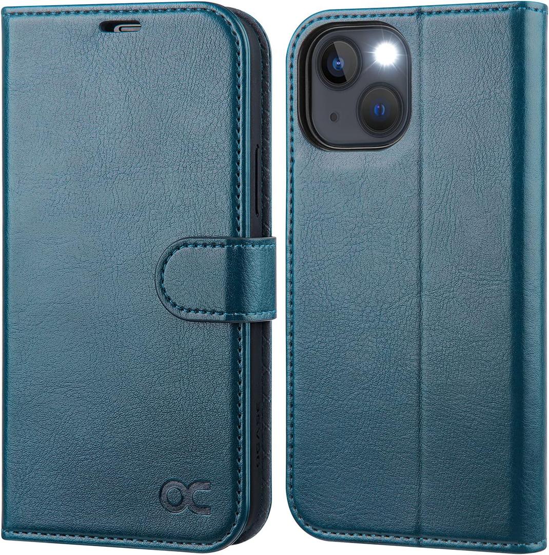 OCASE Compatible with iPhone 13 Wallet Case, PU Leather Flip Folio Case with Card Holders RFID Blocking Kickstand [Shockproof TPU Inner Shell] Phone Cover 6.1 Inch 2021 (Peacock Blue)