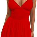 eoeoo Women's Sexy V Neck Ruffled Hem Mesh Sleeveless Ruched Spaghetti Strap Flowy Mini Dress (Red, L)