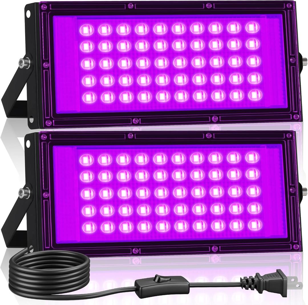 2 Pack 50W LED Black Light, Blacklight Flood Light for Glow Party IP66 Waterproof, Outdoor Black Lights with Switch&Plug for Halloween, Glow in The Dark, Neon Party, Luminous Poster, Birthday