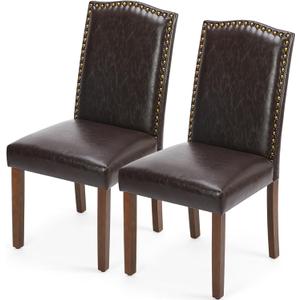 DUMOS Upholstered Dining Chairs，Set of 2 PU Leather Dining Room Kitchen Chair with Nailhead Trim and Wood Legs, Modern Side Chairs for Living Room-Brown