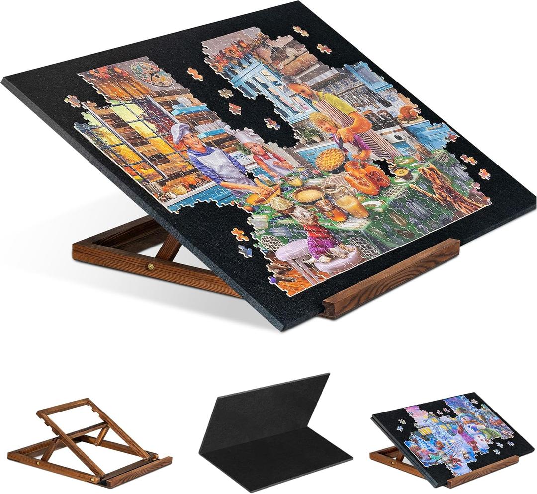 Tektalk Foldable Jigsaw Puzzle Board with 3 Angle Adjustable Bracket/Stand, Lightweight Portable Puzzle Mat Plateau with Wooden Easel, Foldaway Felt Puzzle Table, for Up to 1000 Pieces - Black