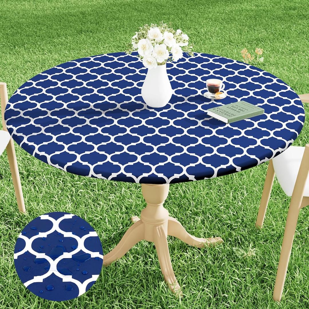 Smiry Round Picnic Tablecloth, Waterproof Elastic Fitted Table Covers for 18" - 24" Tables, Wipeable Flannel Backed Vinyl Tablecloths for Camping, Indoor, Outdoor, Navy & White (For Up To 18"-24" Round)