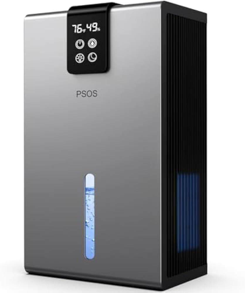 PSOS Dehumidifier, Dehumidifiers for Home, 98 OZ Water Tank, (1000 sq.ft) Quiet Dehumidifier for Basement Bedroom Bathroom with Humidity Display, Auto Shut Off, Relaxing 7 Color Ambient Light(Gray)