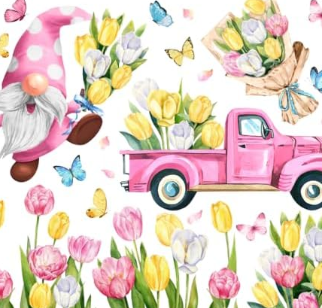 Mfault 9 Sheets Spring is in The Air Tulip Flowers Window Clings, Floral Gnome Truck Cart Wall Glass Stickers Decal Decorations, Bouquet Butterfly Living Room Home Kitchen Decor 2 Pack