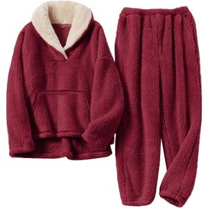 Womens 2 Piece Fluffy Pajama Lounge Set Loose Pullover Pants Sleepwear with Pockets (X-Large, Z-red-pocket)