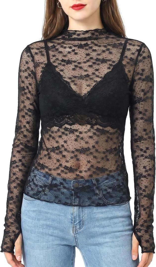 Women's Lace Tops Mesh Sheer Long Sleeve See Through Undershirt (Black, S)