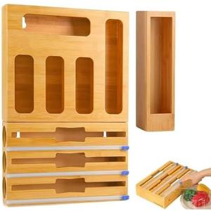 Bamboo Foil and Plastic Wrap Organizer with Cutter, Kitchen Drawer Storage, Dispenser Compatible with Sandwich and Snack Variety Size Bags Ziplock Bag