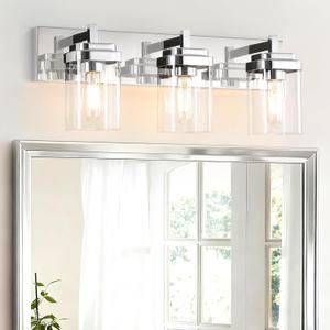3-Light Vanity Light Fixture, Bathroom Wall Sconces, Bathroom Vanity Lighting Over Mirror | Square Clear Glass Shade | Bulbs Not Included | E26 Socket | Chrome
