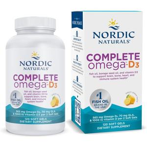 Nordic Naturals Complete Omega-D3, Lemon Flavor - 120 Soft Gels - 565 mg Omega-3 + 70 mg GLA + 1000 IU Vitamin D3 - EPA & DHA - Healthy Skin, Cognition, Positive Mood - Non-GMO - 60 Servings (EXP 02/01/28)