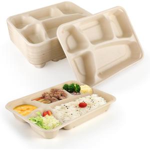 50 Pack 5 Compartment Disposable Paper Plates, Eco-Friendly Wheat Straw School Lunch Tray, Heavy-Duty, Biodegradable, Microwavable Safe