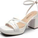 DREAM PAIRS Strappy Heels for Women Platform Chunky High 3-inch Heeled Sandals with Square Open Toe Ankle Buckle for Graduation Party Prom Daily Wedding (9.5, White-pu)