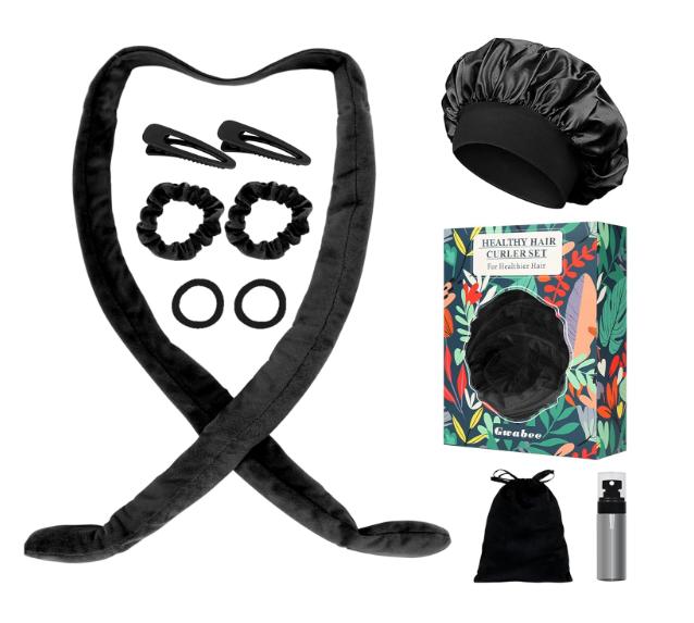 Gwabee No Heat Overnight Curl Headband Set for Women and Girls - Soft Satin Bonnet with Rollers Wrap for Long Hair Curls, 10 PCS Gift Box - Black