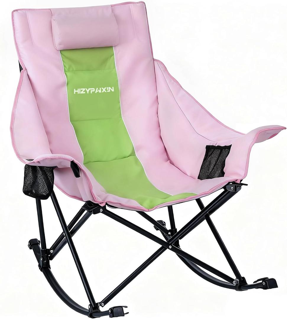 Oversized Rocking Camping Chair for Adults with Headrest, Portable Rocking Chair with Cup Holder, Side Pocket & Carry Bag, Heavy Duty Outdoor Rocker Chair for Camp, Patio, Pink