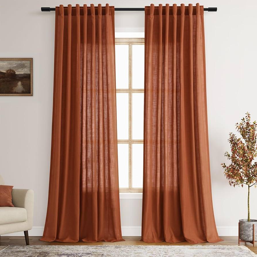 Linen Curtains 90 Inches Long for Living Room Bedroom 2 Panels Light Filtering Pinch Pleat Hooks Rings Back Tab Red Chestnut Country Farmhouse 90 Inch Window Curtain Drapes