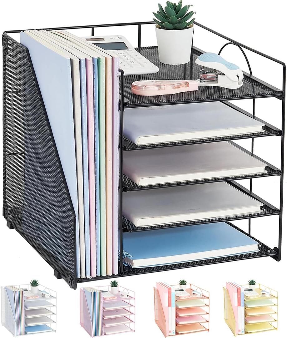 Desk Organizers and Accessories, 5-Tier Paper Letter Tray Organizer with File Holder, Desktop Organizer for Office Supplies (Black) (Black)