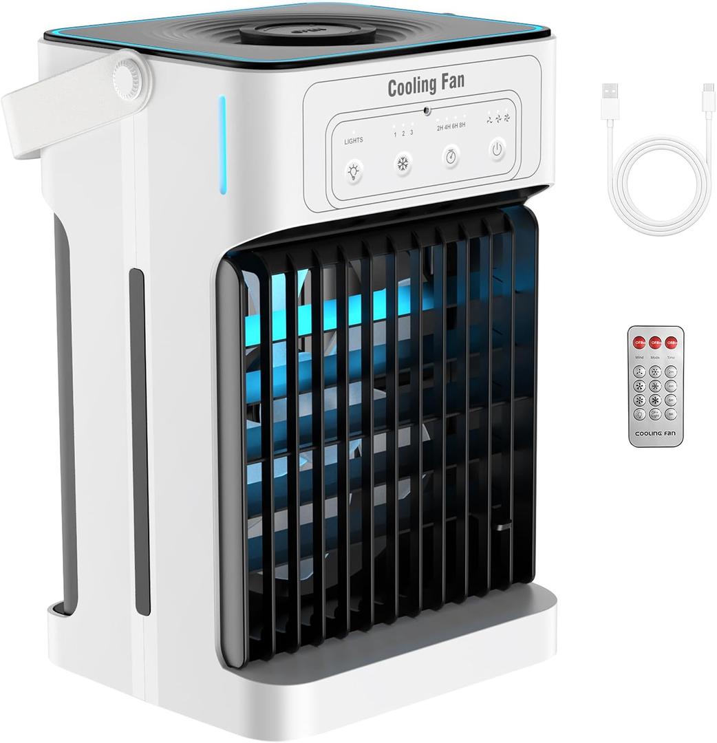 Portable Air Conditioner, Upgraded Motor Evaporative Air Cooler with Remote, 3 Speeds & 3 Mist, 7 Color Night Light Cooling Fan with 2-8H Timer, 1100ML Personal AC Unit for Bedroom Office