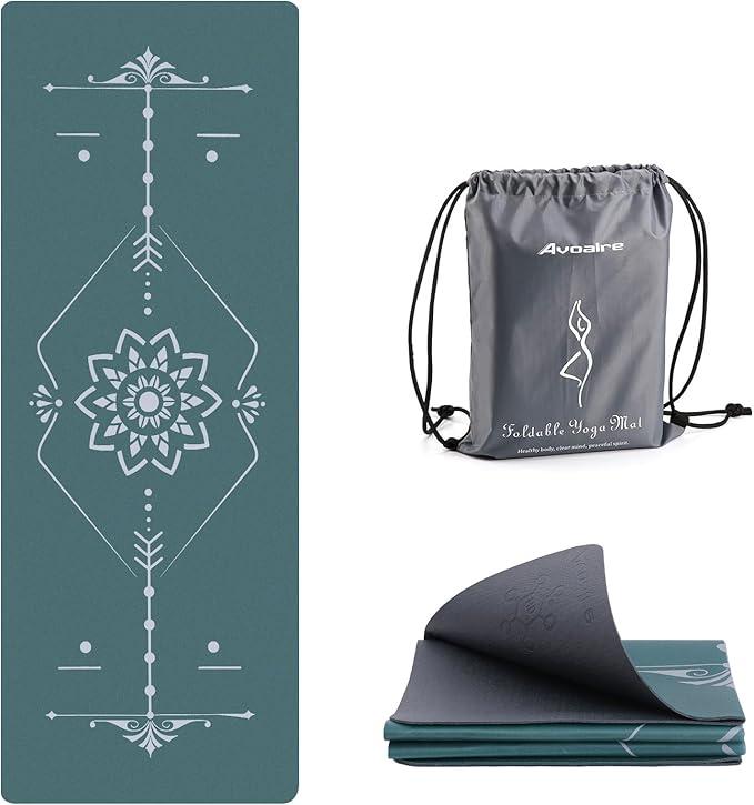 Avoalre Travel Yoga Mat Packable - Super Non Slip Foldable Fitness & Exercise Mat - Folding Lightweight Hot Yoga Mat with Carry Bag for Pilates & Floor Home Workouts (72"L x 24" & 32''W x 3mm Thick)