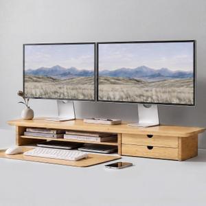 Bamboo Dual Monitor Stand, 39.3 inch Computer Monitor Riser with 2 Drawers, Desk Shelf with Cable Management for Home Office, Printer, Laptop