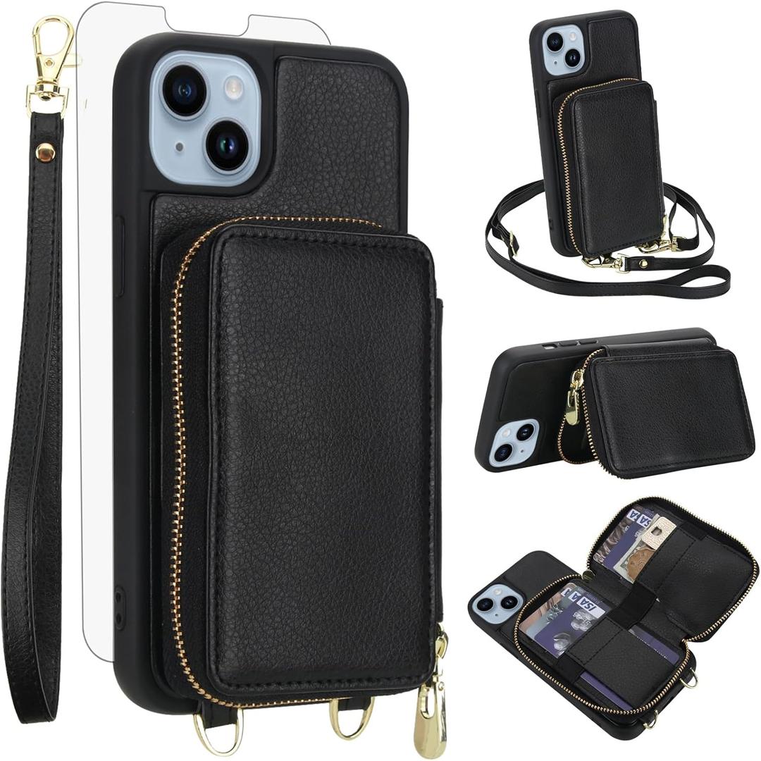 Phone Case for iPhone 13/14 6.1 inch Wallet Cell Cover with Tempered Glass Screen Protector Crossbody Strap Lanyard RFID Blocking Credit Card Holder iPhone13 iPhone14 5G i i-Phone i13 i14 Women Black