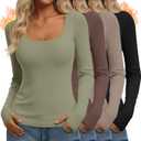 Velvelhall 4 Pack Women's Thermal Long Sleeve Shirts Fleece Scoop Neck Tops Slim Fit Undershirt Basic Layer with Thumb Holes(Mint Green, Mocha, Light Khaki, Black, XX-Large)