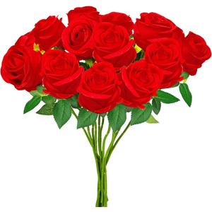 hailanbao Red Artificial Roses with Long Stems, 12Pcs Realistic Roses Artificial Flowers, Faux Roses | Bulk Fake Flowers for Home Decor, Wedding Party Table Centerpieces, DIY Bouquet