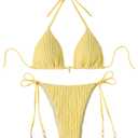 Verdusa Women's 2 Piece Textured Halter Bikini Set Self Tie Triangle String Swimsuit Summer Beachwear Yellow Medium