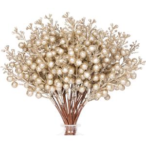 HOHOTIME 36Pcs Christmas Glitter Berries Stems, 9.5 Inch Artificial Christmas Tree Picks for Christmas Tree Decorations Ornaments DIY Crafts Vases Holiday Wedding Home Xmas Decor(Champagne)