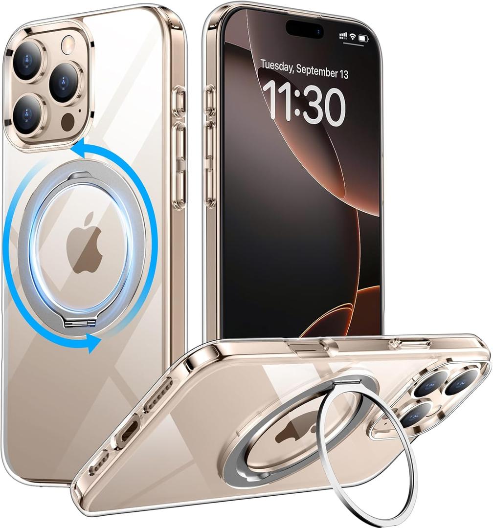 Temdan Designed for iPhone 16 Pro Max Case, 360Rotatable Ring Stand Compatible with MagSafe Military-Grade Protection Magnetic Kickstand Case 6.9 inch-Clear