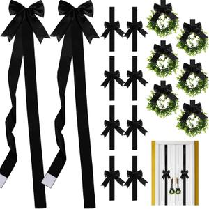 Yinkin 16 Pcs Christmas Door Cabinet Bows with Wreaths Set 10 Large Black Cabinet Bows 6 Mini Hanging Garlands Front Door Decorations Xmas Hanging Ornaments for Party Supplies