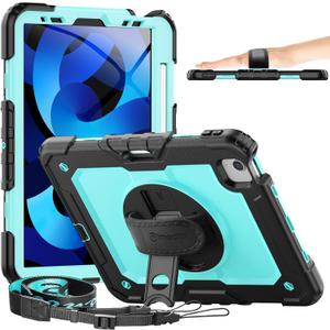 Timecity iPad Air 4/ 5 Case 10.9 Inch 2020/ 2022 iPad Air 4th/ 5th Generation Case with Screen Protector/ Swivel Kickstand/ Hand Strap/ Pencil Holder Cover for iPad Air 5th/ 4th Generation 10.9'', Light Blue