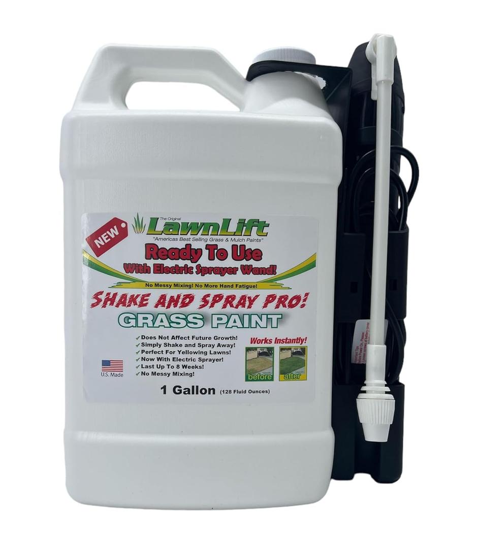 1-gallon Lawnlift ready to use grass paint, shake and spray pro with electric sprayer wand. No more messy mixing. Instantly transform your lawn.