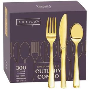 SETUP [300 Count] Disposable Silverware, Gold Combo Cutlery - 100 Forks, 100 Spoons, 100 Knives - Heavy Duty, and Durable Gold Plastic Silverware Set Great for Parties, Events and Everyday use