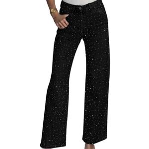 Womens High Waisted Rhinestone Jeans Straight Wide Leg Denim Pants Sparkly Glitter Bling Baggy Trousers (3X-Large, Black)