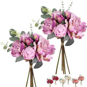 Purple Peonies Artificial Flowers 21pcs Fake Silk Peonies with Eucalyptus & Stems - Faux Flowers Centerpieces for Table Vase Home Bouquet Cemetery Grave Headstone Floral Arranging Crafting Decorations