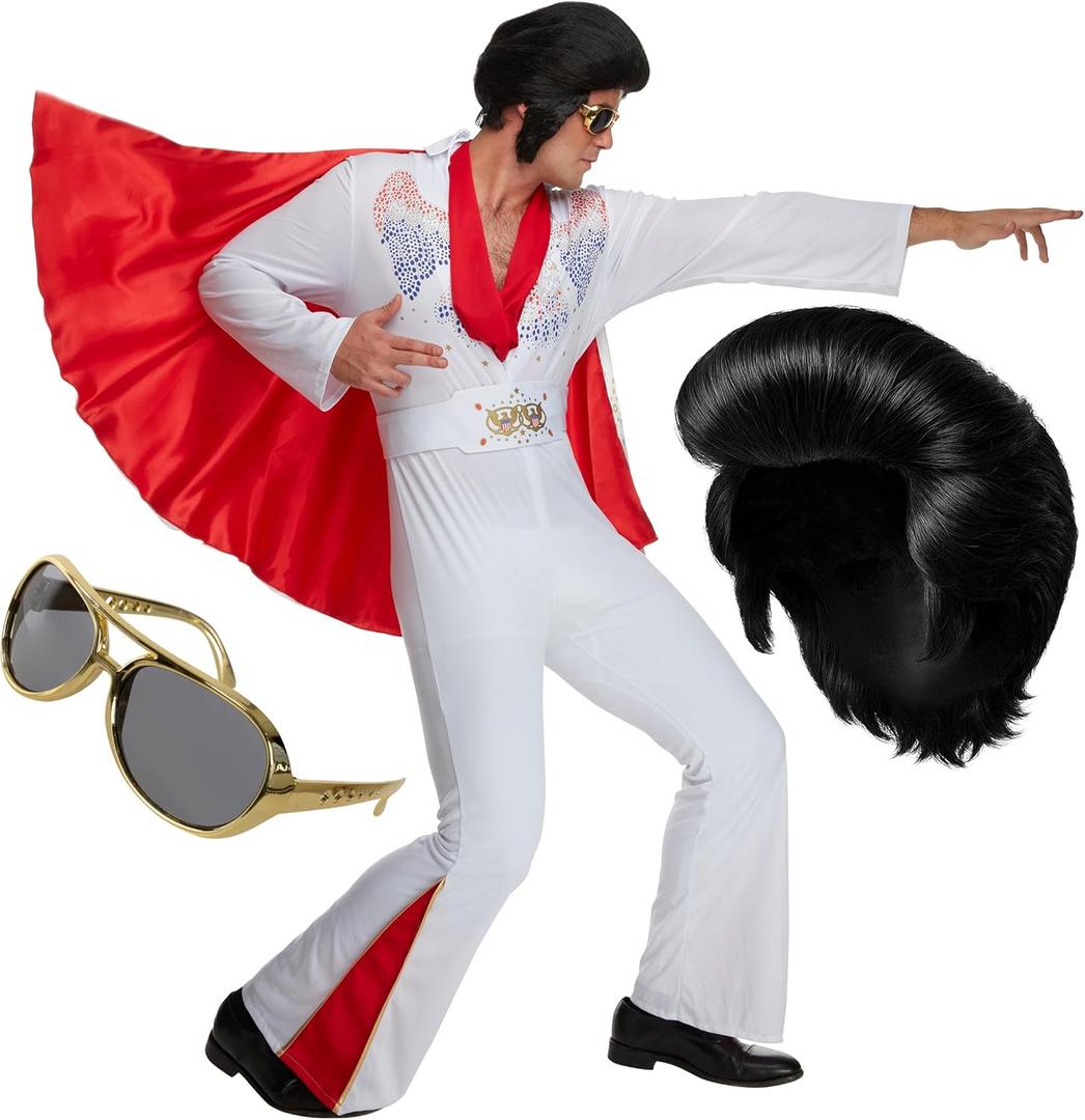 Morph Vegas Rockstar Costume With Wig + Glasses, Adult Men Disco Costume Mens 50s Jumpsuit Halloween Costumes For Men (Large)