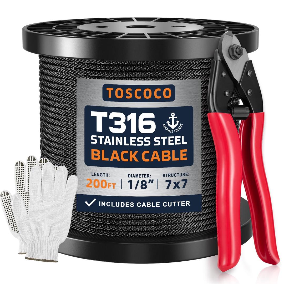 200 FT 1/8" Black Stainless Steel Cable with a Cutter, T316 Wire Rope for Deck Cable Railing System, 77 Strands Rustproof Aircraft Cable, DIY Stair Fence Balustrade