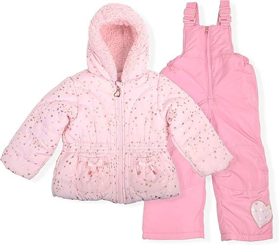 OshKosh Bgosh Baby Girls Hooded Winter Puffer Jacket With Faux Fir Trim, Pink With All-Over Leopard Pattern and Snowbib, S