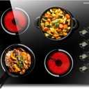 Electric Cooktop 24 Inch - 4 Burner Drop-in Radiant Electric Cooktop 6000W with Knob Control, 220-240V Electrical Ceramic Stove Top with 9 Heating Levels and Residual Heat Indication (No Plug)