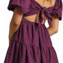 OWNGIGI Women's Summer Dress Square Neck Puffy Short Sleeve Loose Tie Back Casual A-Line Mini Dresses Size L