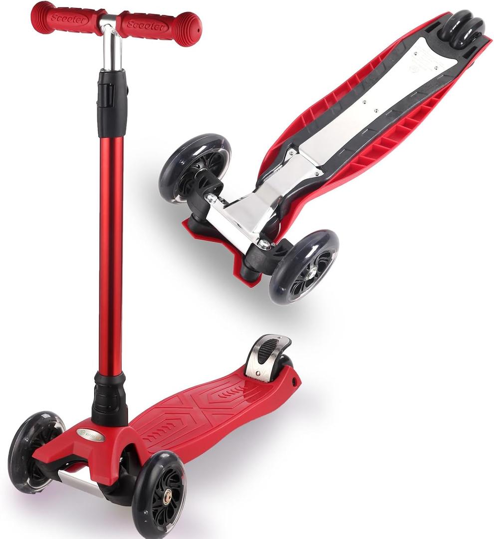 3 Wheel Scooter for Kids Ages 6-12,Kids Scooter with Light Up Wheels, Sturdy Deck Design, and 4 Height Adjustable Suitable for Kid Ages 3-12 (Red)