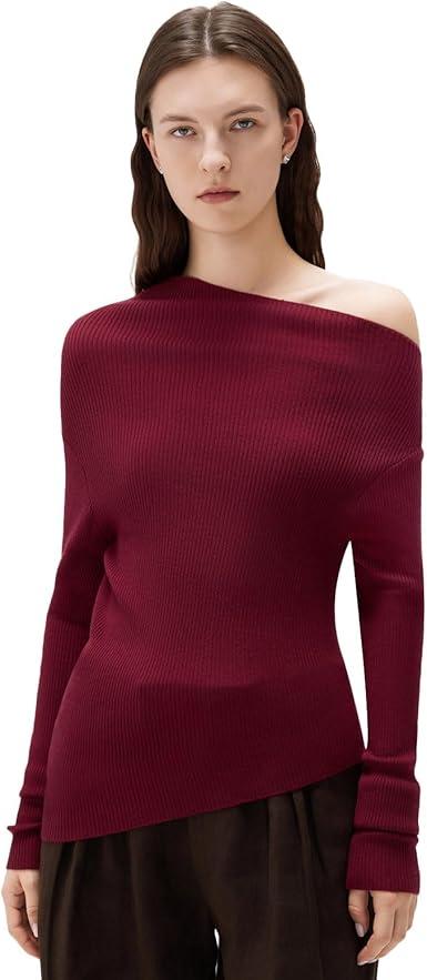SUUKSESS Women Cashmere Off Shoulder Pullover Sweater Going Out Ribbed Knit Long Sleeve Shirts(Wine Red, L)