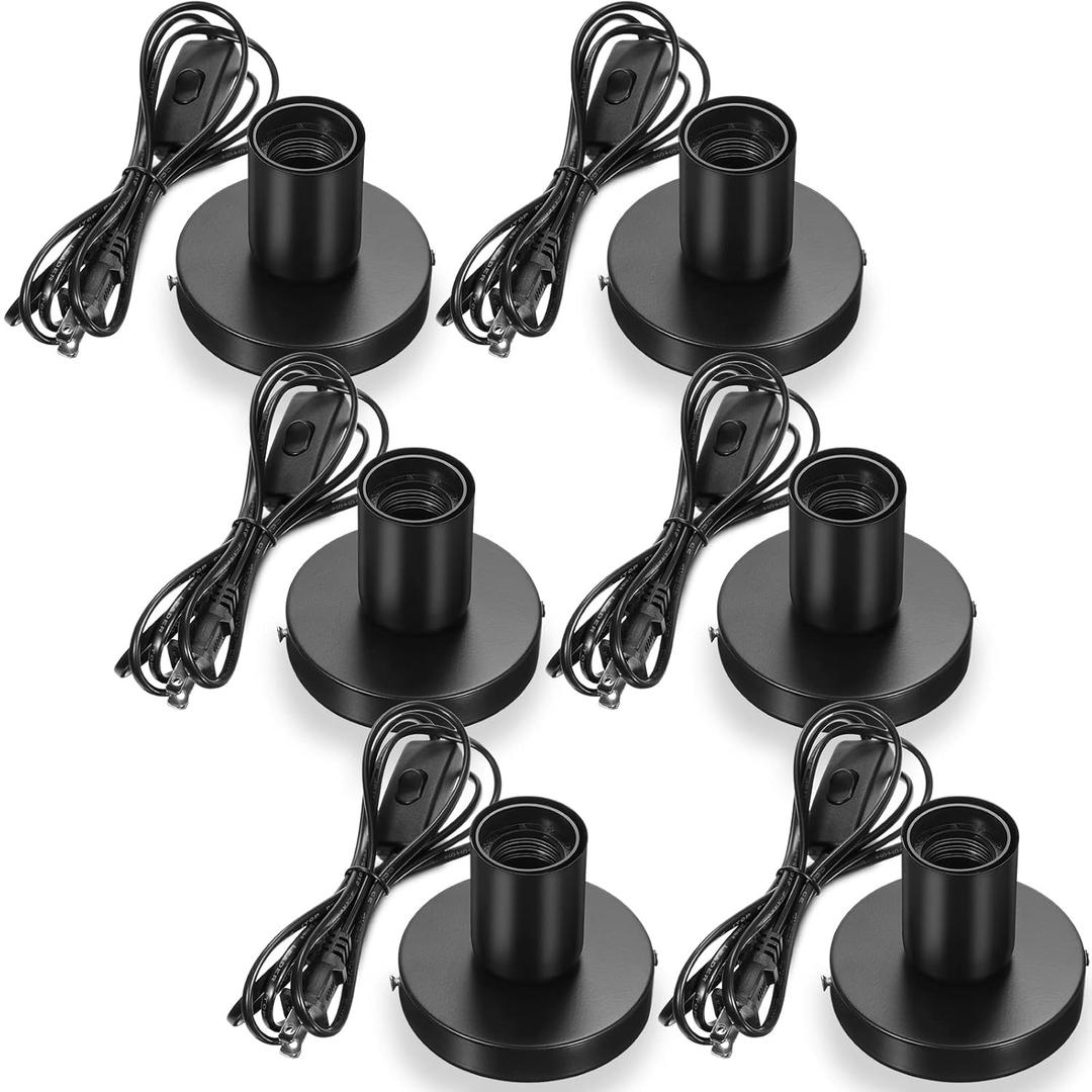Tuanse 6 Pcs Polished Metal Desktop Lamp E26 E27 Screw Light Bulb Sockets Holder Base Lamp Replacement Base for Holding Bulb 6 Feet Cord on Off Switch Plug(Black)