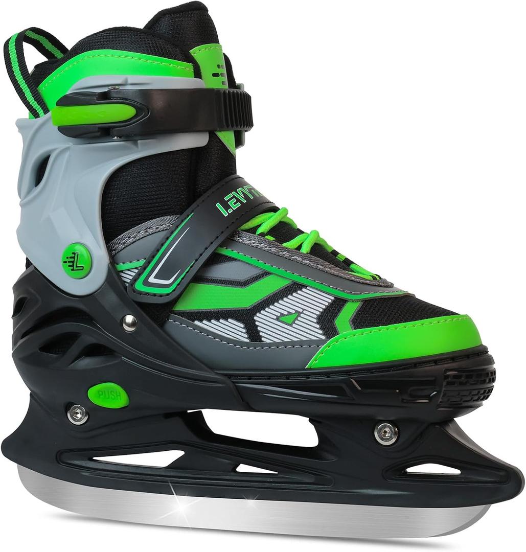 Adjustable ice Skates for Kids Boys Girls, 4 Size Triple Protection Beginner Figure Blades with Ankle Support for Outdoor and Rink (Medium(US 2Y-5Y)Big Kid, Green)