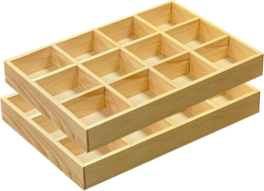 2 Pack Wooden Sorting Tray Grid Display Wood Divided Organizer Vanish Finished Section Box (12 Compartments,12.9 x 9.1 x 1.55 Inch Each Tray)