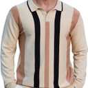 Ryehack Mens Casual Polo Shirts Knit Long Sleeve Vintage Striped Button T-Shirt Slim Fit Golf Vacation Shirt (L)