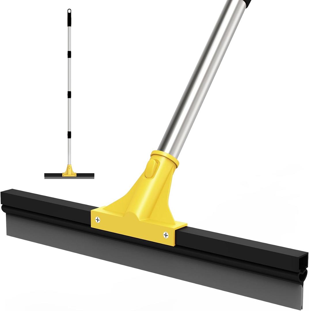 Large Heavy-Duty Floor Squeegee, 18 Rubber Blade Broom & 62 Long Handle Floor Squeegee for Concrete, Bathroom Tile, Garage Concrete, Deck, Shower Glass, Window Cleaning (Yellow)