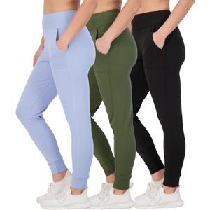 Real Essentials 3 Pack: Women's Workout Yoga Jogger Track Pants - High Waist Running Athletic Sweatpants with Pockets (Plus) (S)