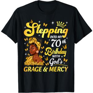 Stepping Into My 70th Birthday Afro Woman Religious Birthday T-Shirt (Small, Black)